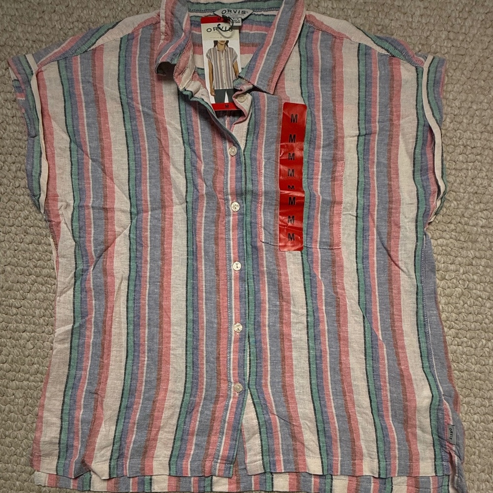 NEW ORVIS Relaxed Linen Blend Short Sleeve Button Down Shirt Medium Multicolor